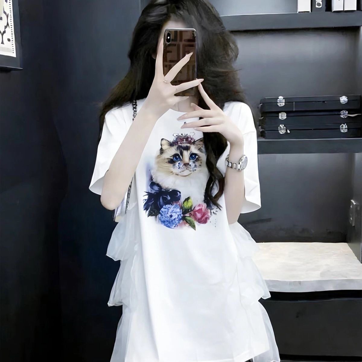 设计感女T恤宽松洋气减龄气质女神范蕾丝拼接T恤裙不规则猫咪印花
