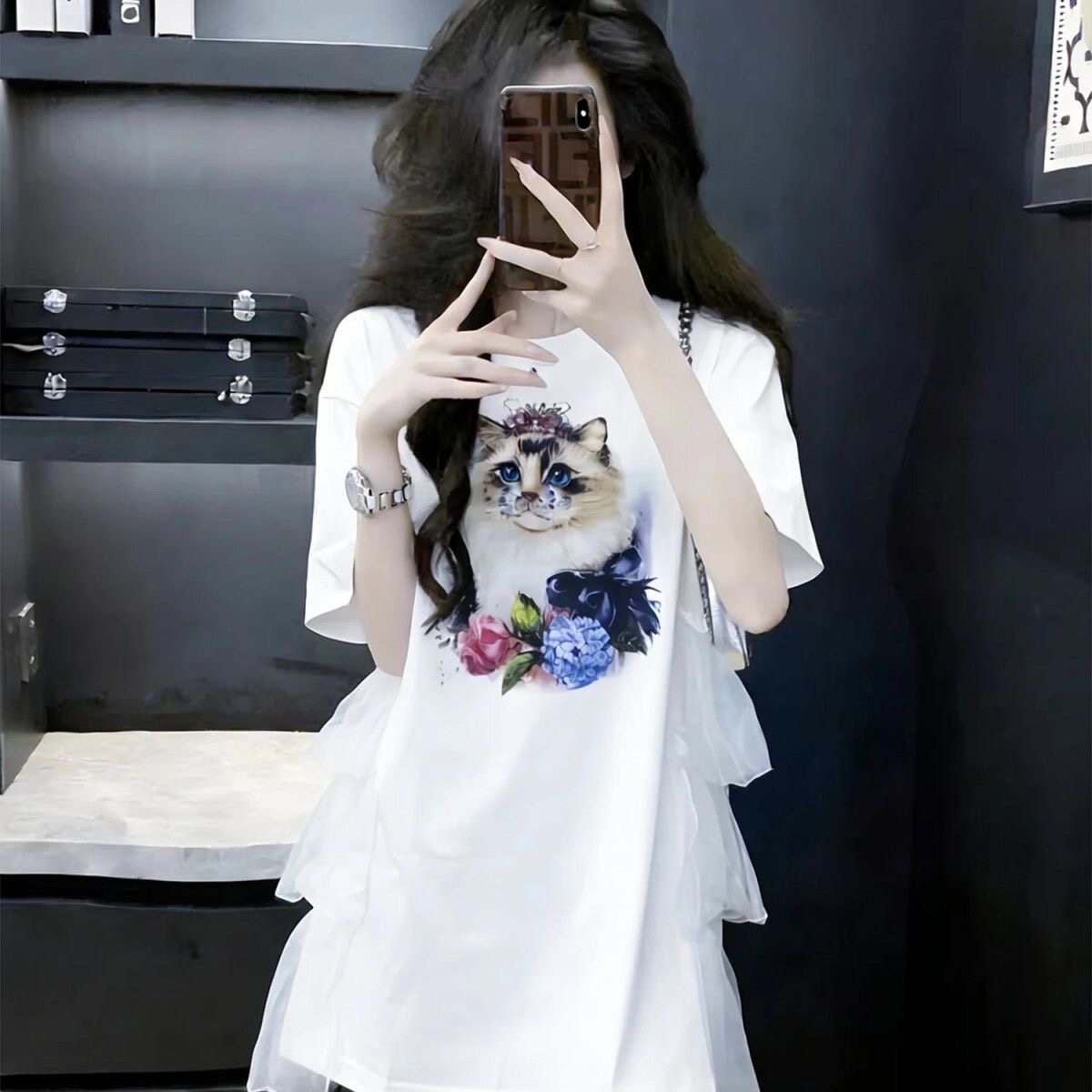 设计感女T恤宽松洋气减龄气质女神范蕾丝拼接T恤裙不规则猫咪印花