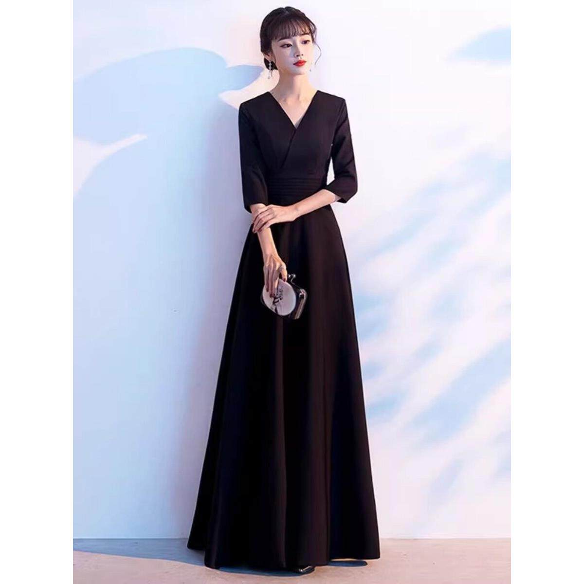 黑色晚礼服女高级感合唱演出服长裙主持高端宴会气质钢琴演奏艺考