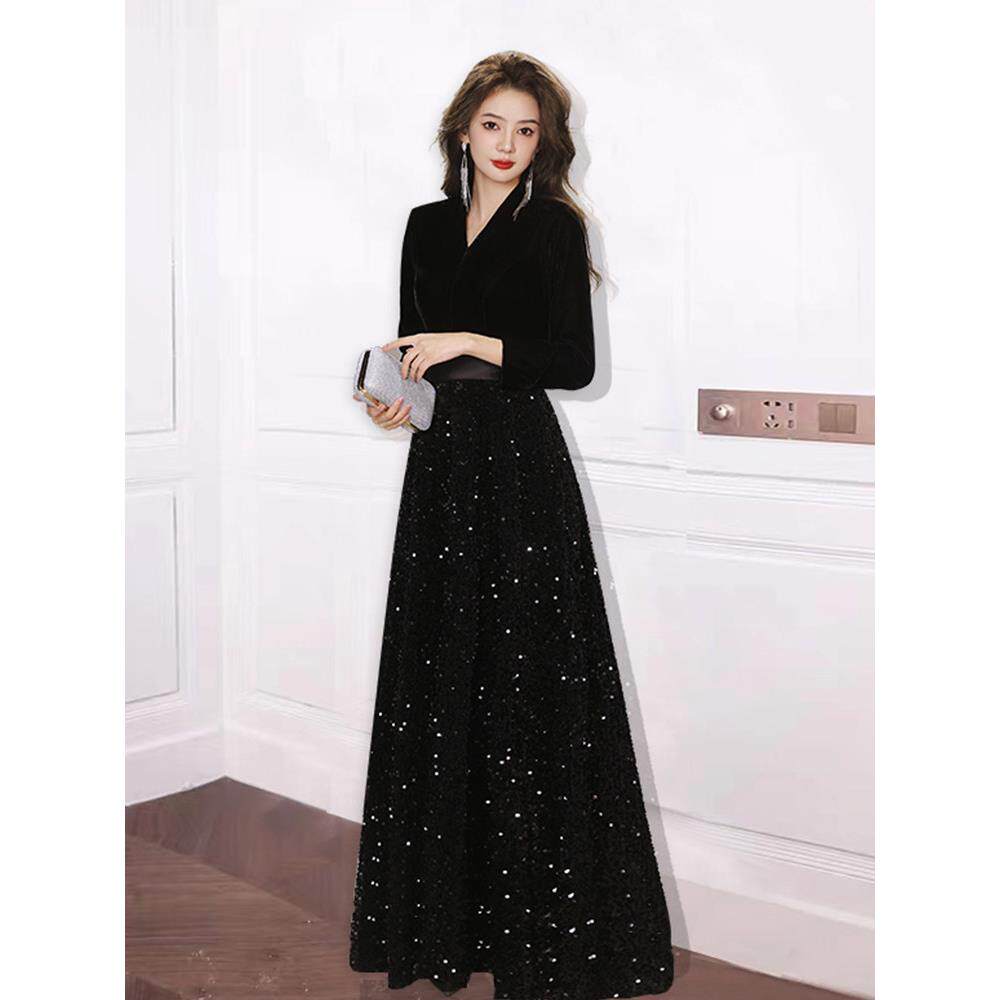 黑色晚礼服轻奢高级感秋季亮片年会爆款主持合唱演出服女长款宴会