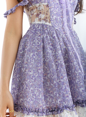 JUNO女装原创设计师 浅紫色碎花拼接修身吊带超仙公主裙纯欲夏