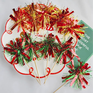 新款新年圣诞红绿红金色炫彩雨丝蛋糕装饰插件圣诞树蜡烛烘焙配件