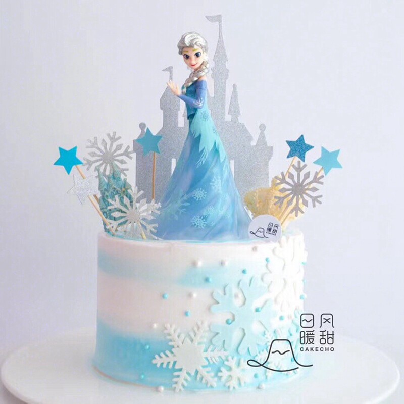 网红雪花蛋糕装饰蓝色长裙公主摆件女神小女孩生日派对甜品台玩偶