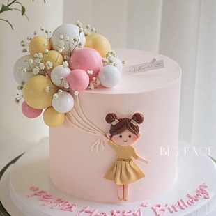 春天黄衣服小女孩手拉气球束蛋糕装饰插件可爱小公主马卡龙球配件