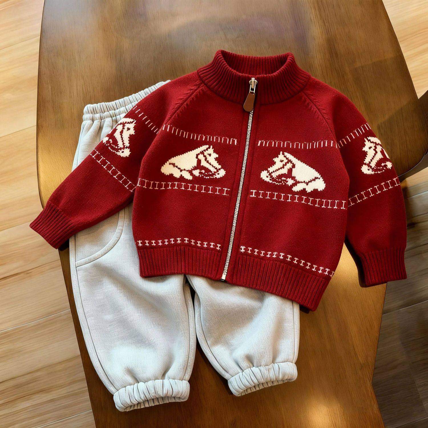 儿童红色毛衣开衫秋冬新款男女童提花小马针织衫外套中小童拉链衫,童装/婴儿装/亲子装,毛衣/针织衫,淘宝优惠券,粉丝福利购,淘宝优惠卷