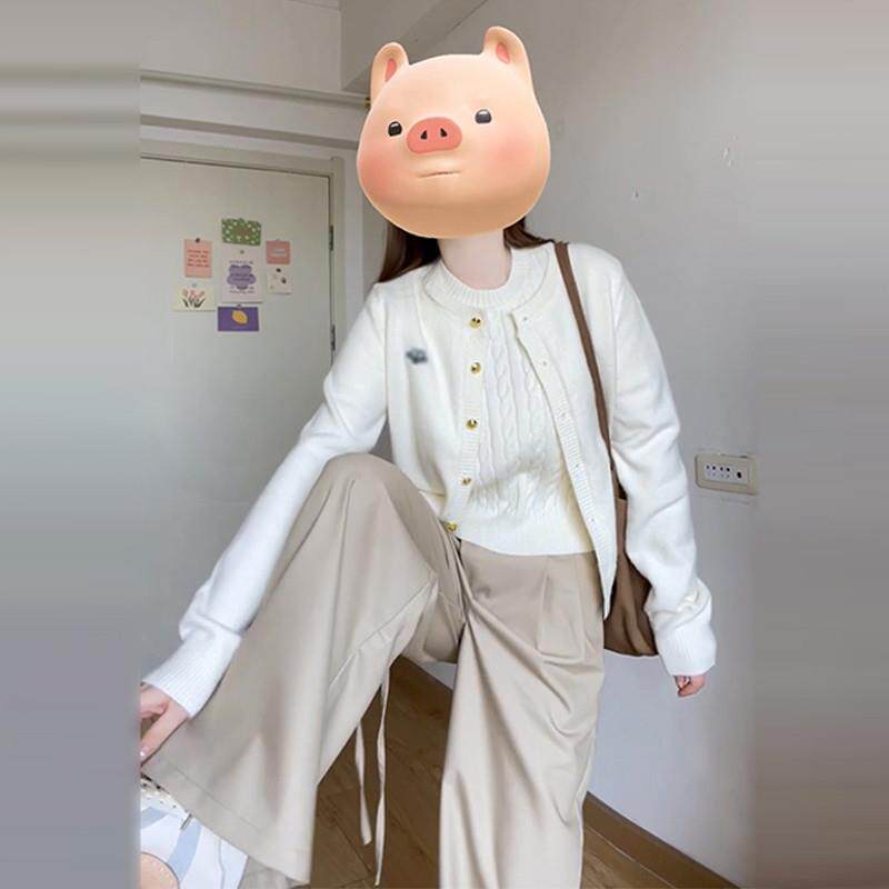 初秋2025新款法式温柔风白色针织开衫毛衣女早秋季高级感上衣套装