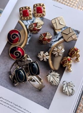 Vintage/复古首饰monet/trifari中古珐琅耳夹