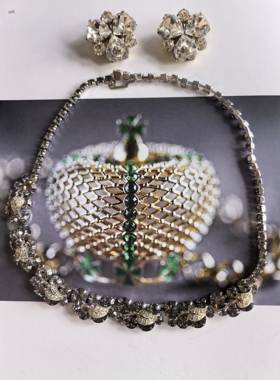 Vintage复古首饰weiss中古莱茵石项链耳夹套装