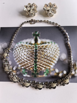 Vintage复古首饰weiss中古莱茵石项链耳夹套装