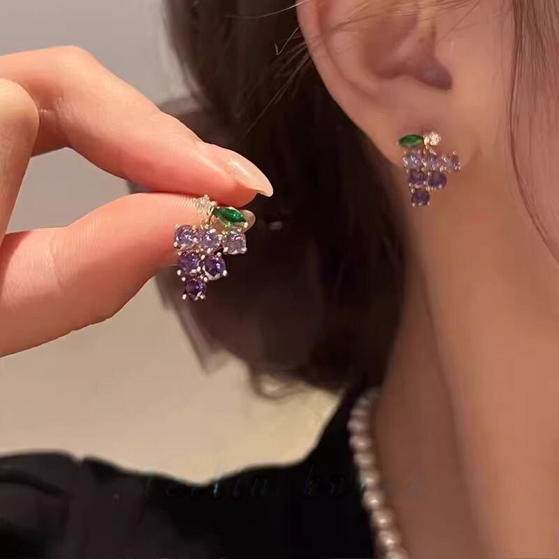 紫色锆石葡萄耳钉轻奢小众设计感高级耳环女气质耳饰夏天日常百搭