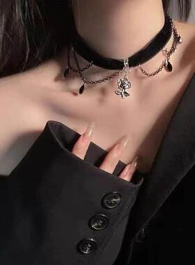 暗黑系哥特山茶花吊坠项圈女黑色流苏绒布choker颈链甜酷辣妹配饰