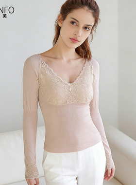 女保暖内衣低领蕾丝边打底棉毛衫冬季内搭紧身秋衣保暖衣