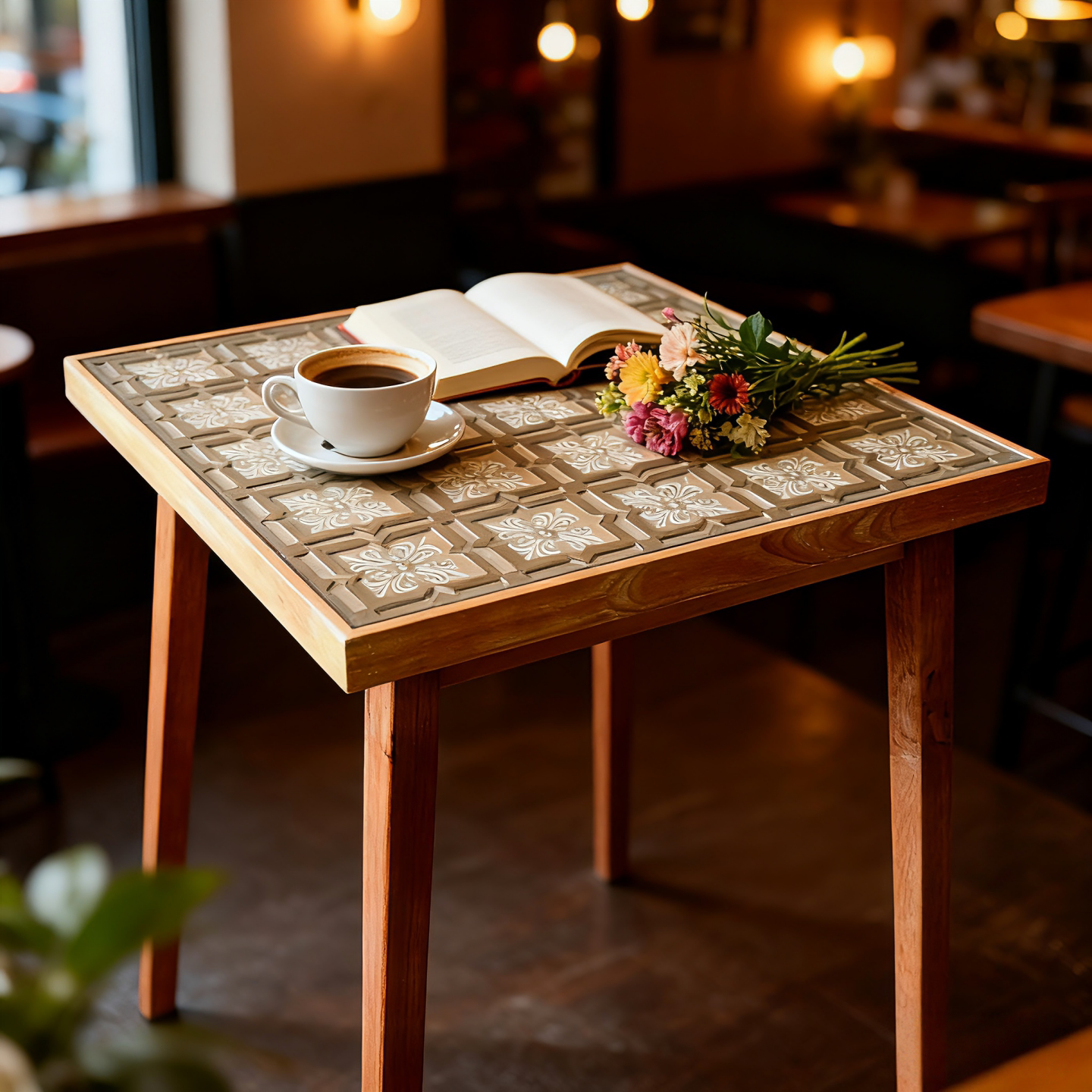 咖啡厅桌椅实木玻璃复古东南亚糖水甜品店西餐厅烘焙蛋糕雕花方桌