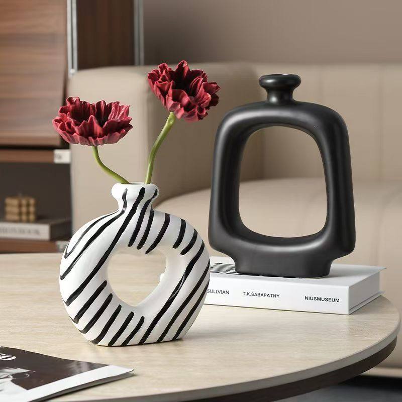 创意条纹陶瓷花瓶摆件客厅玄关插花装饰品办公室桌面摆设摆件花瓶