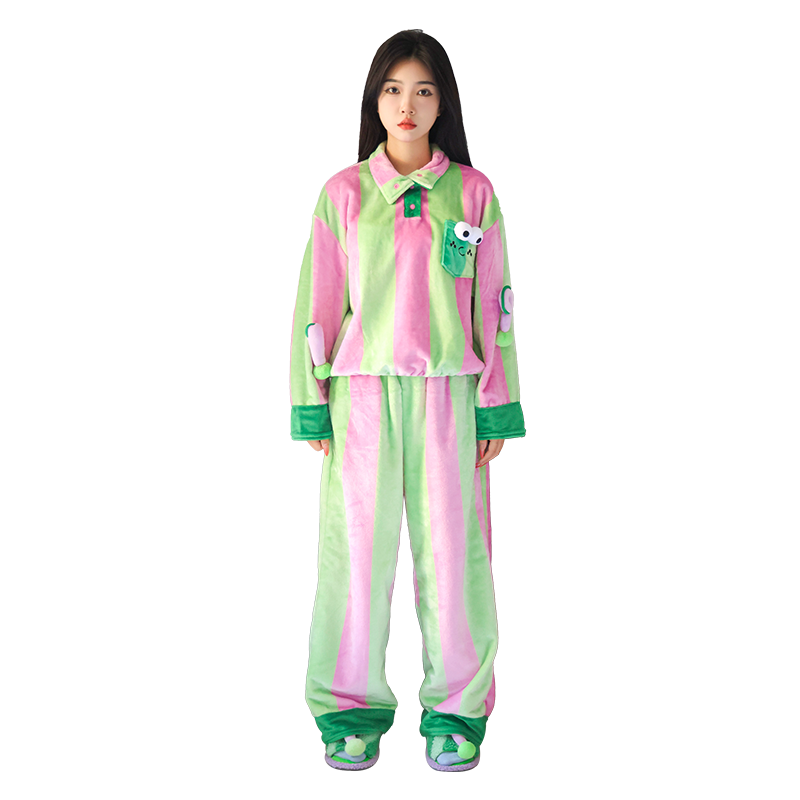 PAPAHUG 条纹符号家居服秋冬款保暖男女法兰绒套装加厚休闲可外穿