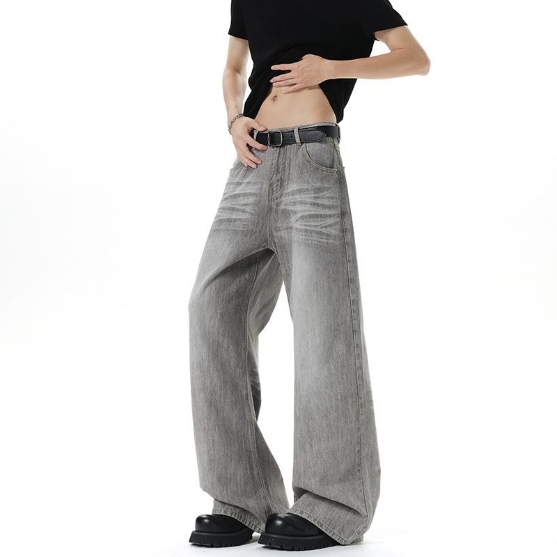 大码复古灰色垂感直筒牛仔裤男女秋季百搭宽松拖地裤高腰阔腿裤子