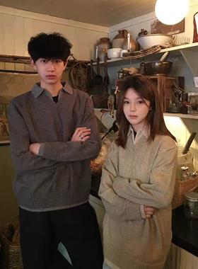 2025新款美式复古慵懒风格上衣秋季灰色针织日系休闲百搭男士简约