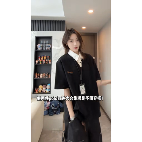 美式拼接假两件POLO领短袖T恤男