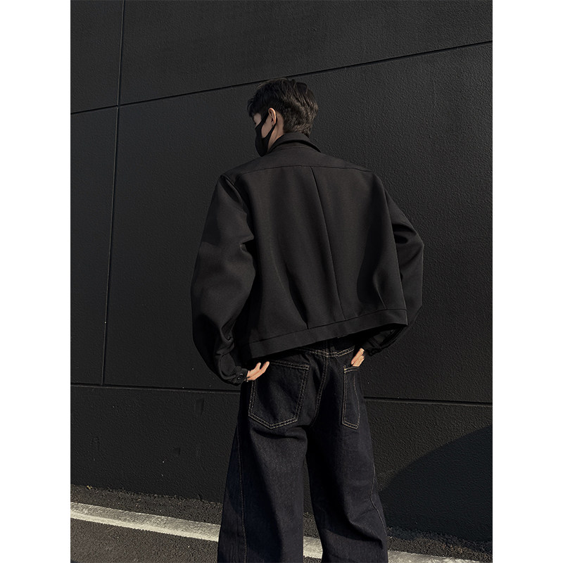 美式廓形飞行夹克男短款立领防风外套痞帅垫肩黑色