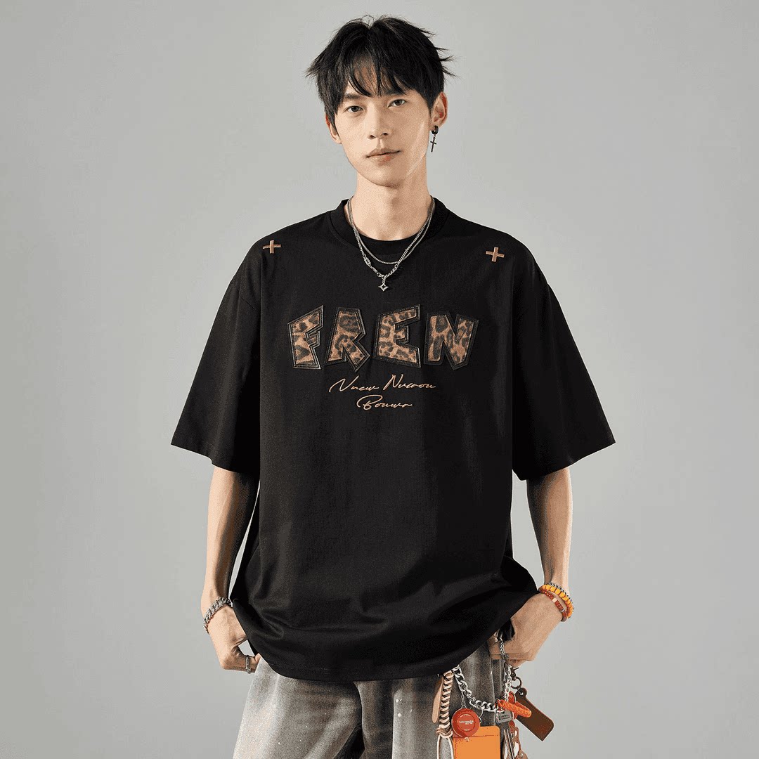 美式潮牌豹纹宽松短袖T恤男黑色