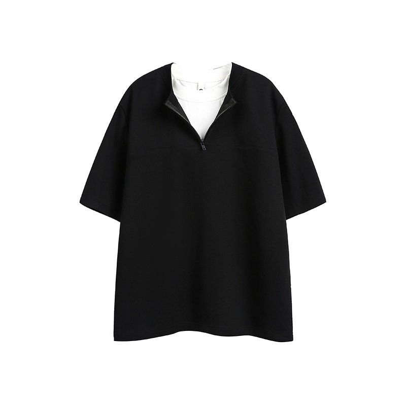 高级感小众设计半拉链假两件短袖t恤男夏季新款简约宽松拼色上衣