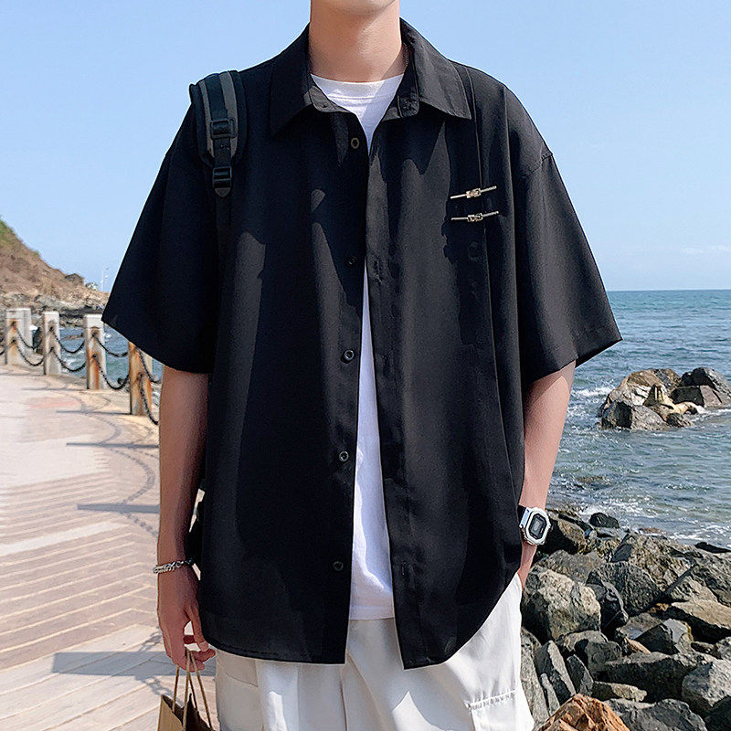 2026 年新款夏季男港风大码短袖衬衣外套新中式冰丝降温宽松舒适