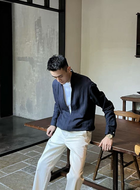 白色亚麻假两件V领衬衫男春季新款小众设计感套头式收腰长袖衬衣