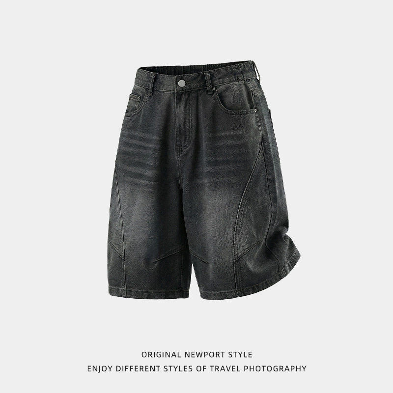 结构分割水洗牛仔短裤男春夏新款复古做旧潮牌日系百搭宽松五分裤