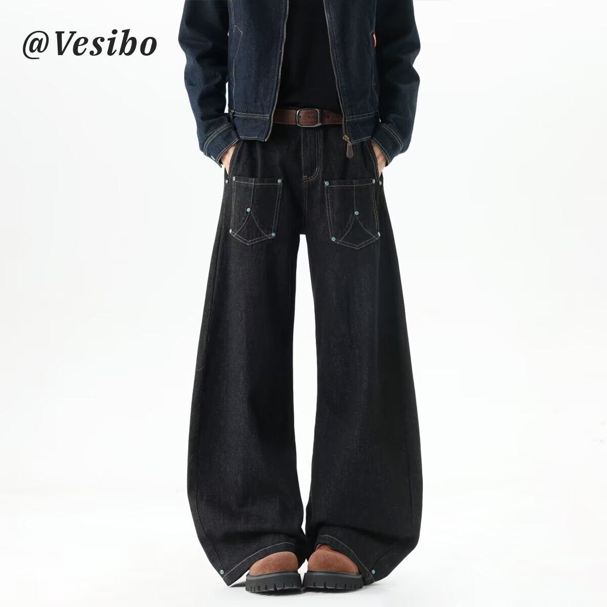 美式绿松石撞钉廓形黑色原牛弯刀裤男女款cleanfit直筒牛仔裤潮牌