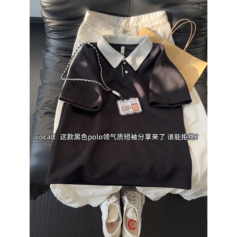 夏季美式宽松撞色Polo领男T恤