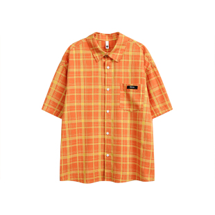 多巴胺格子短袖衬衫男夏季穿搭短款格纹衬衣修身显瘦休闲橘色上衣