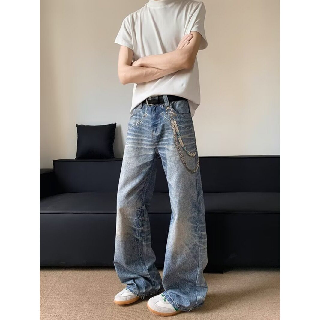 美式复古设计水洗做旧3D打印裤链牛仔裤男女宽松直筒阔腿拖地裤子