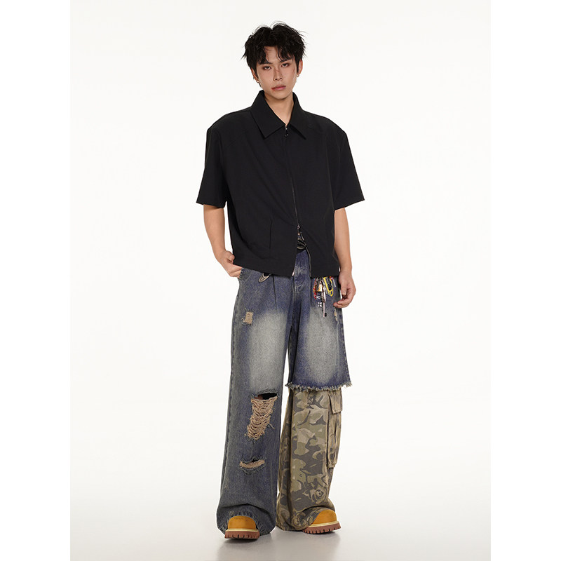 美式短袖衬衫男2026夏季新款潮牌简约高级感宽松休闲短款垫肩衬衣