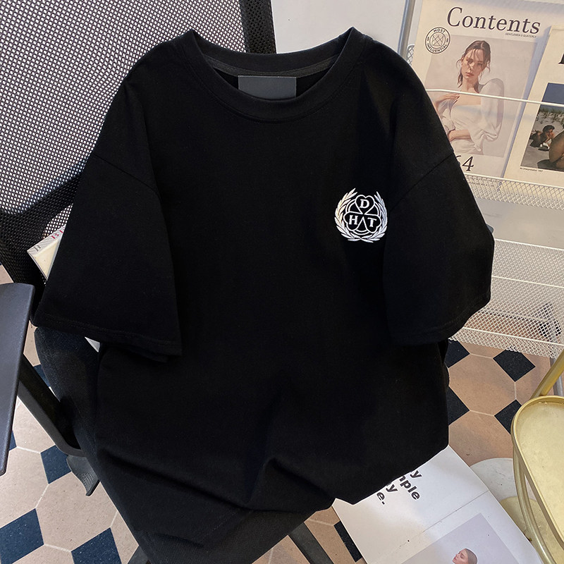 美式高街字母贴皮PU刺绣短袖t恤男女情侣装黑色宽松潮牌夏季上衣