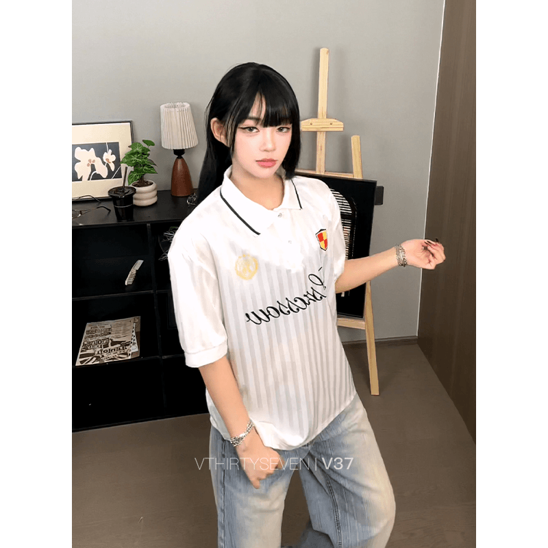 美式复古字母印花短袖polo衫男女通用潮牌痞帅百搭条纹球衣休闲风
