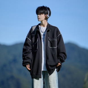 春秋装男款大码港风潮牌简约时尚外套宽松百搭夹克休闲运动装潮流