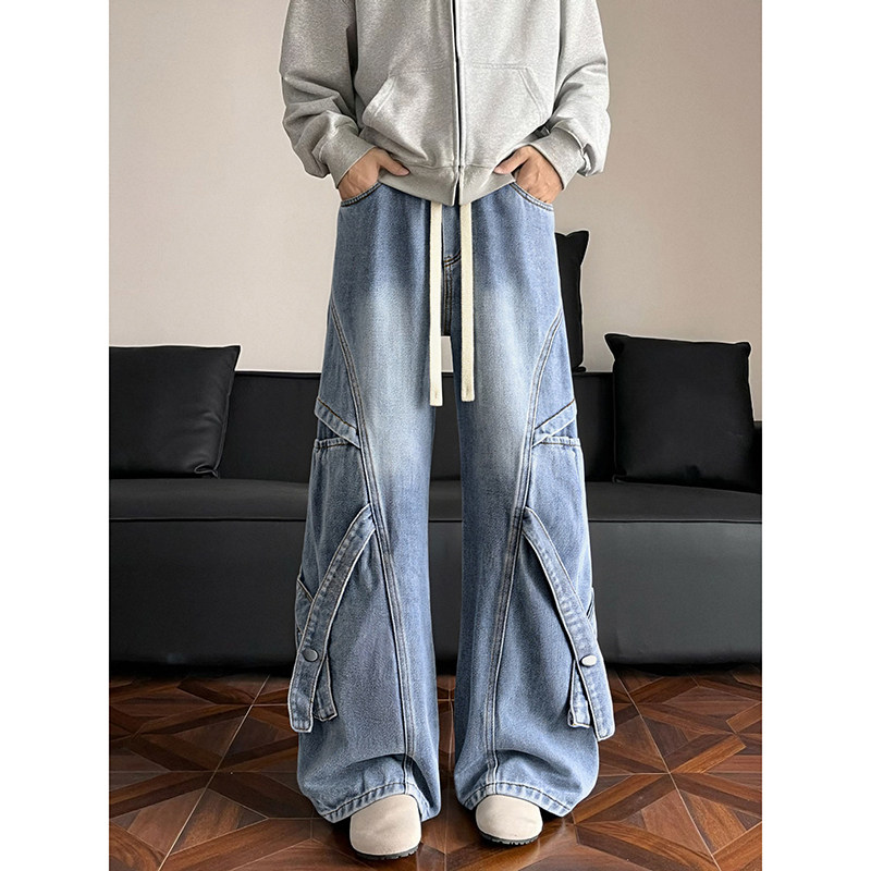 牛仔裤男款青少年工装抽绳直筒阔腿美式潮牌痞帅男裤休闲宽松裤子