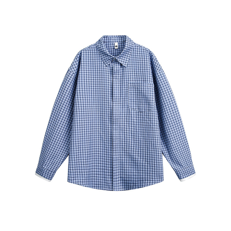 美式格子衬衫男长袖宽松休闲百搭假两件拼接衬衣休闲穿搭