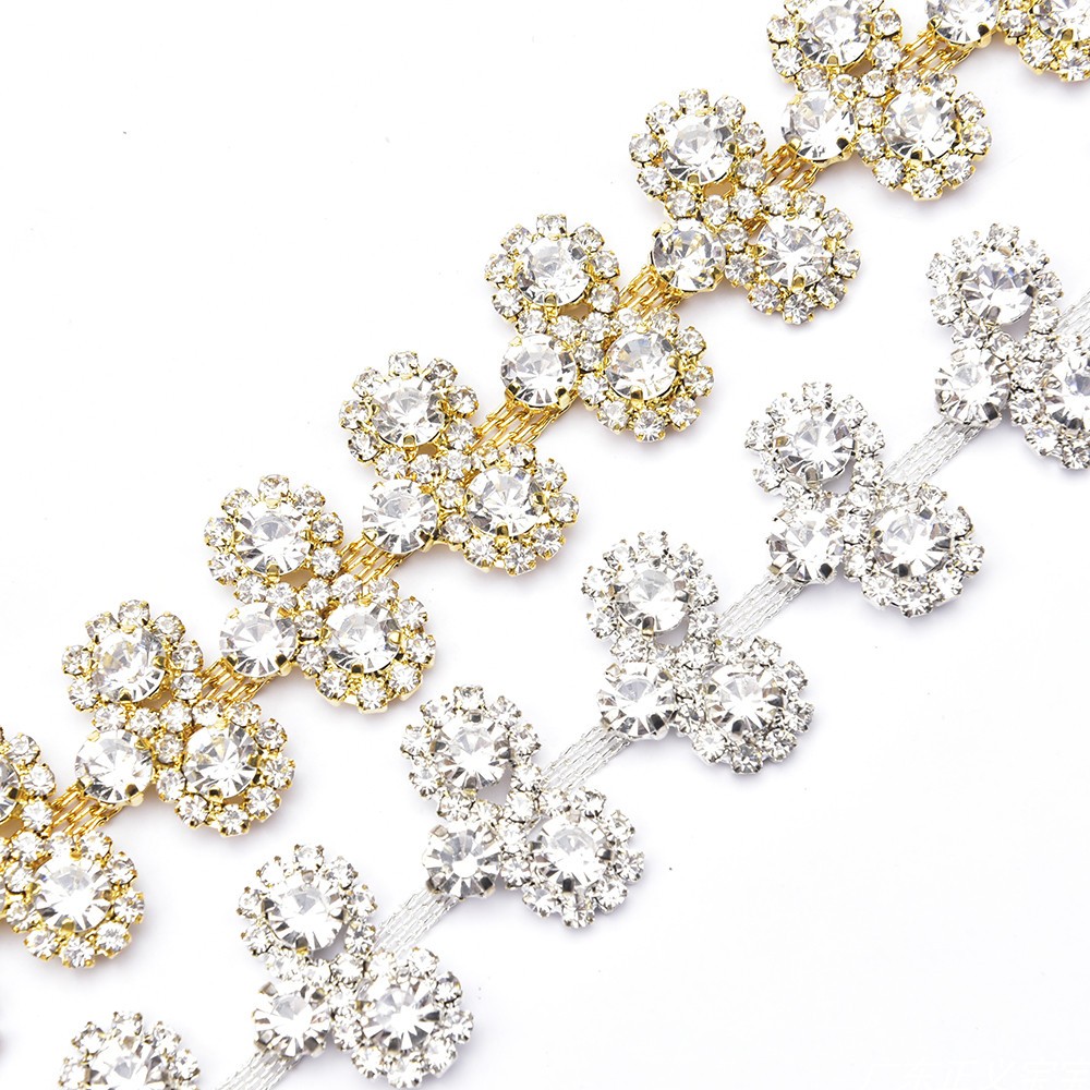 2cm宽 金底银底双排太阳花链 玻璃水钻链 服装包包帽子装饰配件