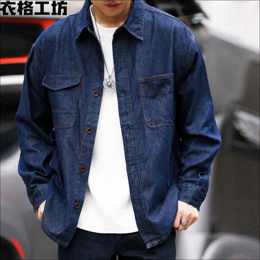日系复古原色长袖软牛仔衬衫男款秋季翻领叠穿外穿工装衬衣外套