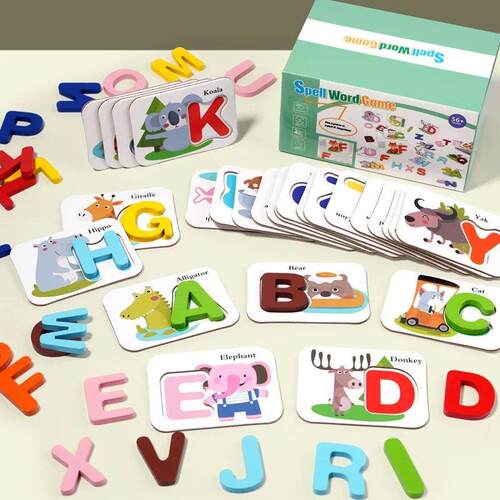 Montessori Wooden Spell Word Game Letter Cognitive Card Matc