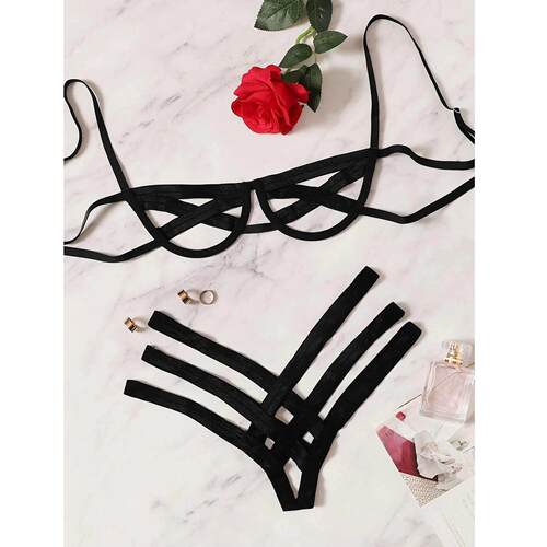 Bondage Harness Lingerie Set Womens Elastic Hollow Out Bra S