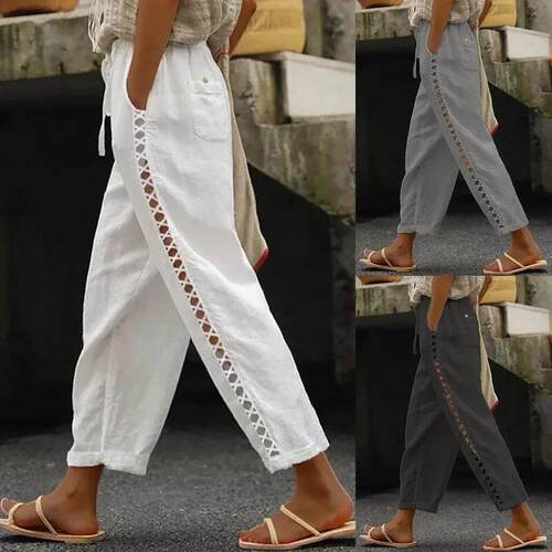 Casual Women Cotton Linen Pants Vintage Lace Stitching Hollo