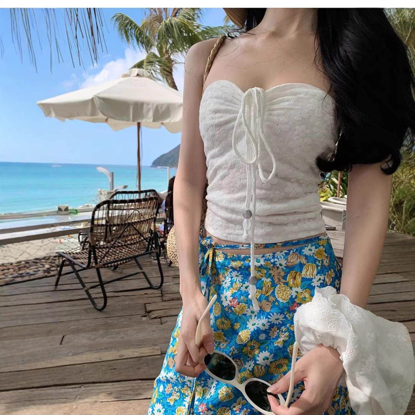 海边度假风套装法式抽绳抹胸背心上衣女夏季蓝色碎花半身裙两件套