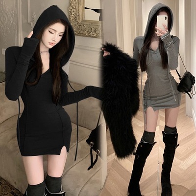灰色连帽紧身短裙女秋冬