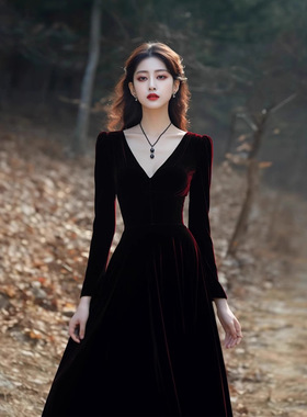 法式高级感生日宴会晚礼服气质名媛敬酒红色绒连衣裙子女秋冬