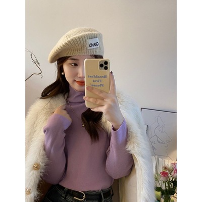 香芋紫半高领打底衫女内搭针织衫温柔秋冬上衣堆堆修身纯欲毛衣女