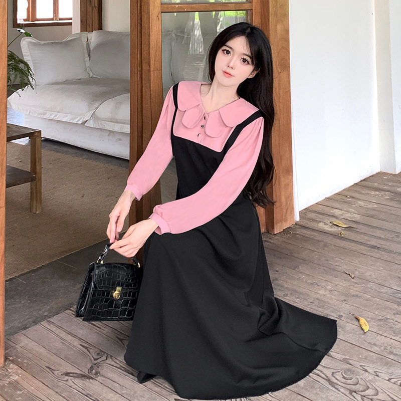 法式春秋设计感茶歇假两件娃娃领学院风连衣裙女收腰显瘦显高长裙