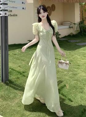 法式紫色荷叶边收腰连衣裙女夏新款气质温柔风爆款清纯系长裙