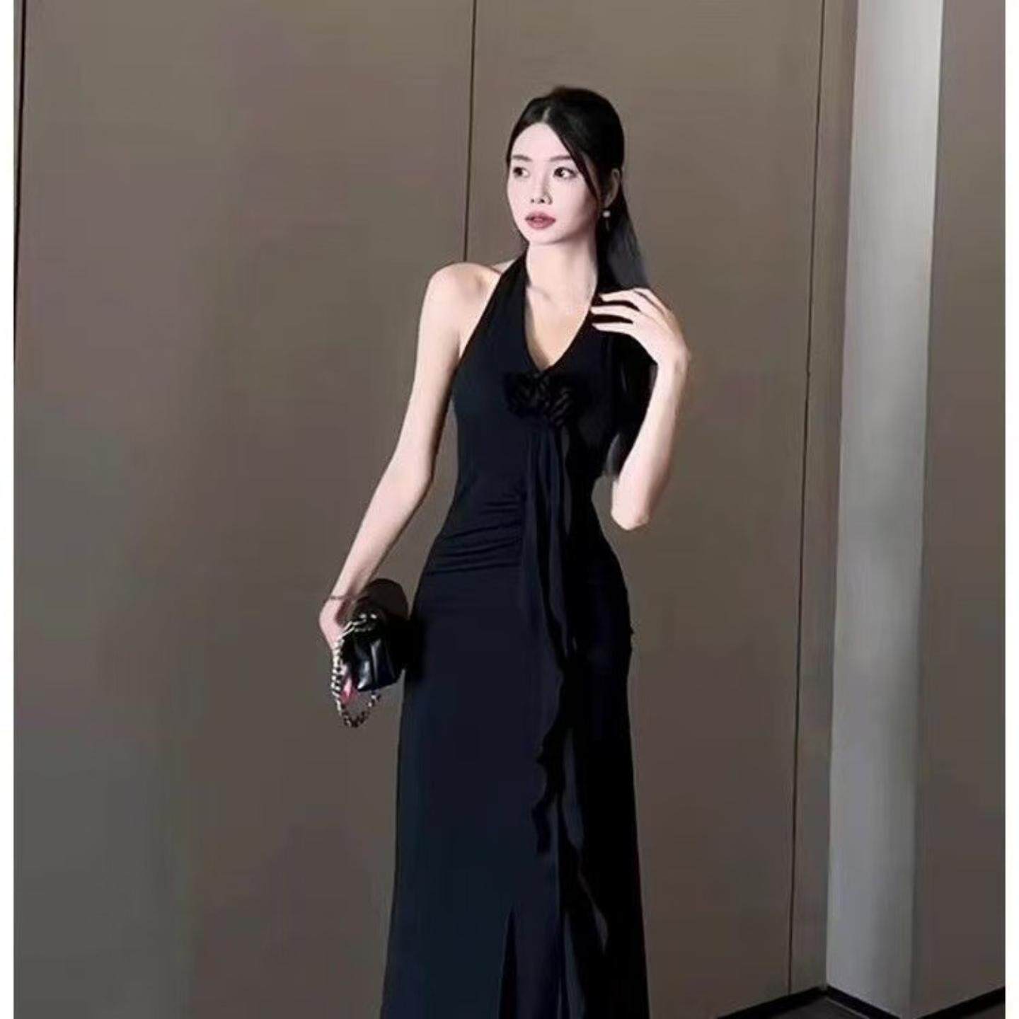 法式气质立体花朵裙子连衣裙名媛礼服开叉长裙女修身显瘦收腰红色